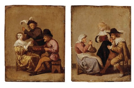 A drinking peasant courting a young lady with an angry young gentleman nearby; and A gentleman drinking with an old woman, a young lady nearby