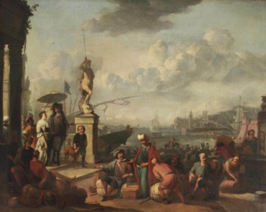 An Italianate harbour with an elegant couple promenading near a statue of Neptune, and workmen unloading the docks