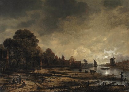 A moonlit river landscape with figures conversing on the outskirts of a town