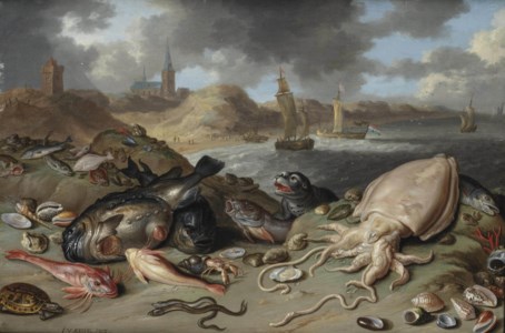 An allegory of water: a squid, a seal, a turtle, eels, oysters and other fish and shellfish in the dunes of Scheveningen, shipping beyond