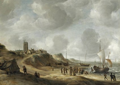A view of Egmond aan Zee with fisherfolk on the beach and shipping offshore