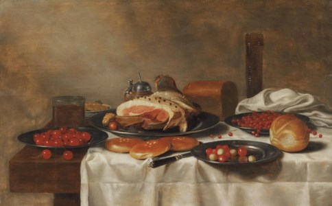 A ham on a silver plate, a glass of beer, a mustard pot and white grapes on a porcelain plate, cherries, strawberries and red currants on silver plates, rolls of bread, a knife and a 'pasglas', all on a partially draped table