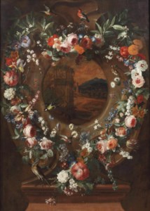 A stone cartouche surrounded by garlands of pink roses, tulips, poppies and other flowers and birds with an Italianate landscape in the centre