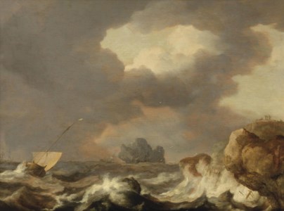 Shipping on stormy waters near a rocky coast