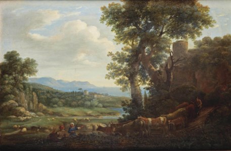 A rocky landscape with shepherds and their cattle