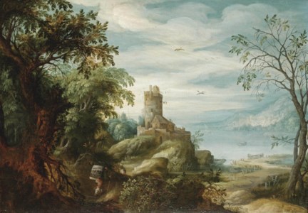 A mountainous river landscape with faggot gatherers at the edge of a forest