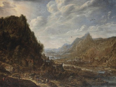 A Rhenish landscape with numerous vessels moored at a quay by a cooperage, a village on the hilltop