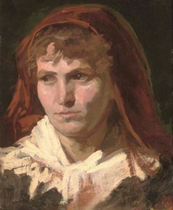 Portrait of a lady, bust-length, in a red headscarf
