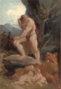 Faustulus happening upon Romulus and Remus suckling on a she-wolf