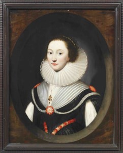 Portrait of a lady, half-length, in a black dress and white ruff and jewelled pendant, in a feigned marbled oval