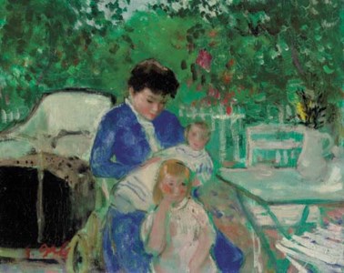Eugénie et ses jeunes enfants près du landau en Normandie