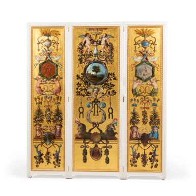 A set of six painted panels from the Cabinet de l'Amour in the Hôtel Lambert: (i) The Loves of Mars and Venus (ii) Landscape with a castle (iii) Venus Giving a Burning Arrow to Cupid (iv) Landscape with a mountain (v) Landscape with a foutain (vi) Landscape