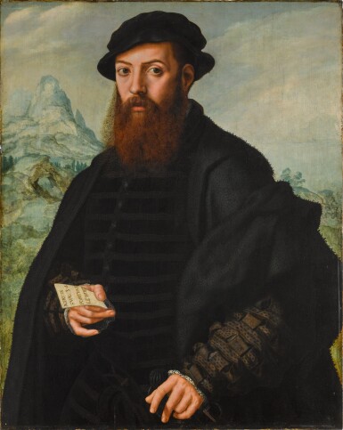 Jan Sander, Portrait of a bearded gentleman, aged 34, in front of an extensive landscape  