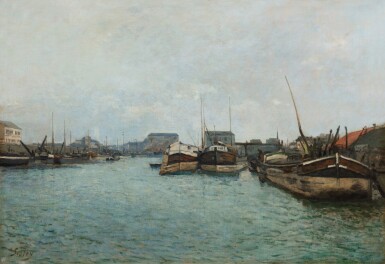 Vue d'un port, les péniches