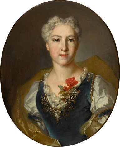 Portrait of Marie-Thérèse Pommyer (born circa 1705), bust-length, wearing a blue velvet dress and white chemise, with a yellow wrap