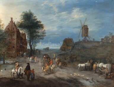 Village landscape with travellers and a windmill