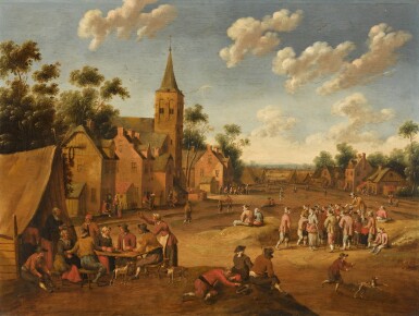 A village landscape with peasants at a table, gamblers in the middle distance, dogs and other figures with a church and houses beyond
