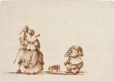 An Elegant Couple with a Dwarf, walking their dog
