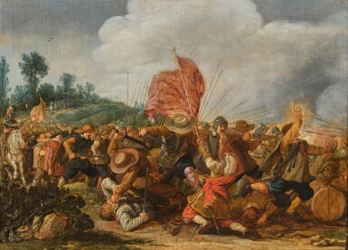Battle scene with pikemen, musketeers and armoured cavalry in the distance