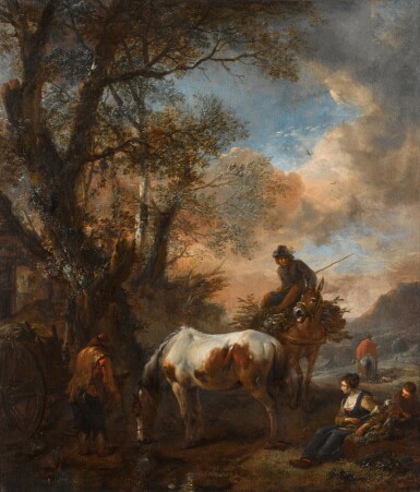 Landscape near the edge of a wood with peasants resting and watering their horse
