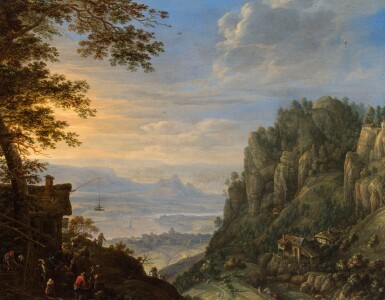 An imaginary Rhenish landscape with figures near a tavern, the town of Bingen and the Mäusenturm in the distance