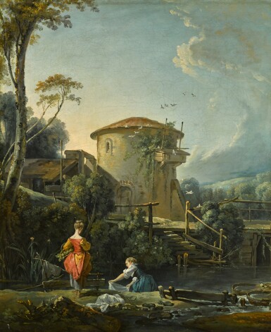 A capriccio view of a mill and a dovecote, with a washerwoman and a girl holding a basket