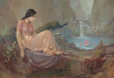 Lady with a Peacock by a Rock Pool