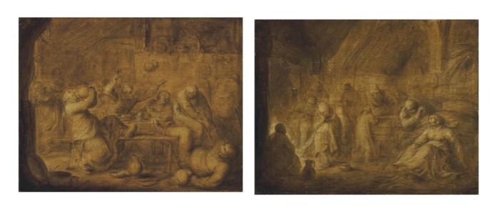Peasants brawling in a tavern; Peasants by a fire in a barn