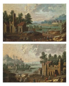 A wooded river landscape with peasants on a track and fishing vessels, ruins beyond; and A wooded river landscape with peasants before a fortified city, fishing vessels, and a village beyond