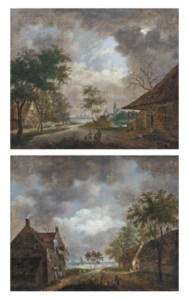 A moonlit landscape with travellers conversing on a track, a church beyond; and An evening landscape with peasants outside an inn