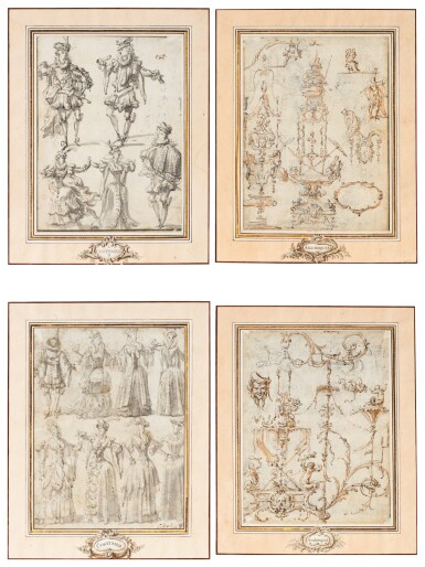 A pair of double sided drawings: Costume designs (recto); Arabesques designs (verso)