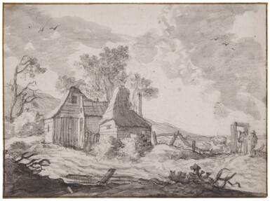 A view of a group of outbuildings, with a farmer grazing his animals in a field to the right