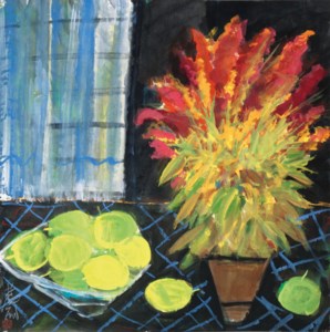 Still Life of Red Flowers and Green Mangoes