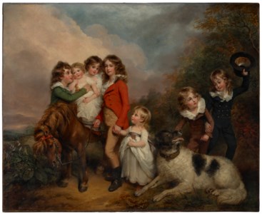 Portrait of the children of Benjamin Goldsmid, with a pony and a dog in a landscape