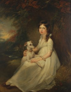 Portrait of Miss Ann Goldsmid (1782-1811), full-length, seated in a landscape, in a white dress, with a whippet