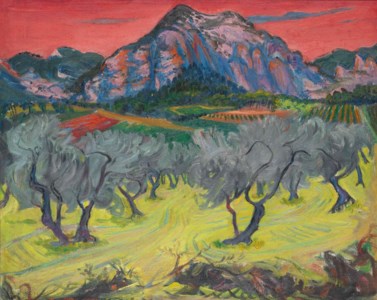 Olive grove with red sky