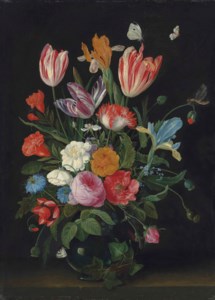 Parrot tulips, irises, roses and other flowers in a glass vase, on a stone ledge, with butterflies, a caterpillar and a dragonfly
