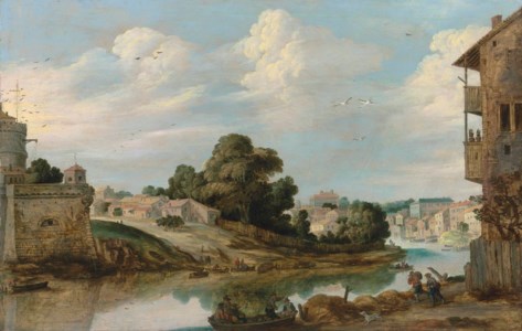 A capriccio of the Tiber, Rome, with figures boating by Castel Sant'Angelo, Villa Medici beyond