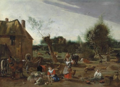 Peasant women sorting vegetables and milking cattle by a horse and cart, a thatched house beyond
