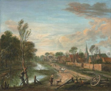 A wooded landscape with travellers on a path by a canal, a town beyond