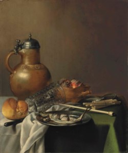 A herring on a pewter platter, with a roll of bread, a knife, an upturned glass, a stoneware and pewter jug, a red earthenware brazier, a white clay pipe, a bundle of matches and a pewter tobacco tin, on a partially draped table