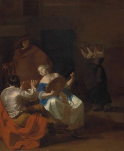 An interior with an elegant woman playing a lute and a man playing a flute, a maid by the fireplace beyond