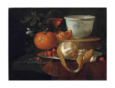 A partially peeled orange, strawberries and other fruit with a wine glass and Wan-li bowl on a partially draped stone ledge