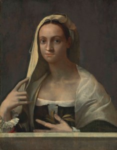 Portrait of a lady, half-length, in a white shawl and headdress, at a parapet