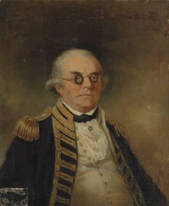 Portrait of Admiral Peter Rainier (1741-1808), bust-length, in naval uniform and wearing a blue and white cameo and circular spectacles