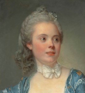 Portrait of a lady, bust-length, in an embroidered blue dress with a white lace ribbon tied in a bow at her neck