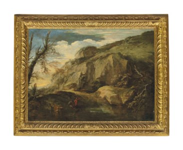 A rocky landscape with figures by a river