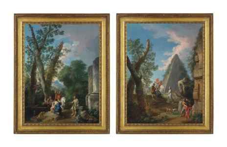 An Italianate wooded landscape with classical ruins, a centurion with other figures and a dog; and A capriccio of a pyramid with two centurions, three figures and a dog, classical ruins beyond