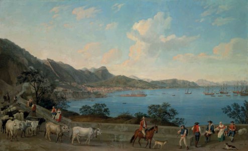 The Port of Salerno from Vietri, with herdsmen and other figures in the foreground, with the Castello di Arechi beyond and shipping vessels in the bay
