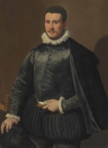 Portrait of a gentleman, three-quarter-length, in a black embroidered silk doublet and cloak, with a ruff, holding gloves and a letter in his left hand, a lute on the table